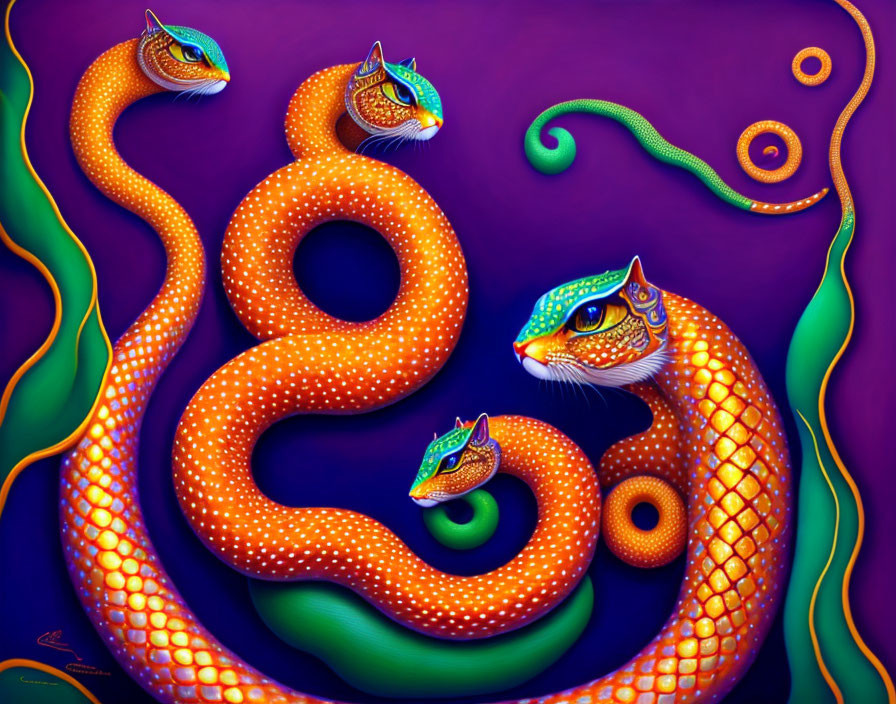 Colorful painting of intertwined snakes with cat-like heads on purple background