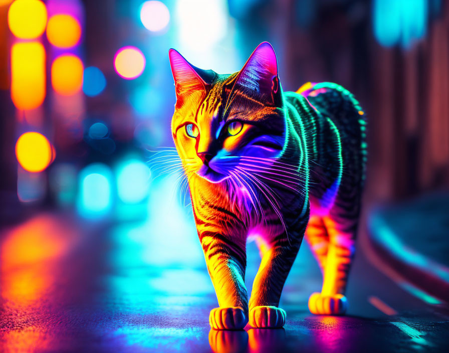 Colorful Cat Walking on City Street at Night with Neon Lights