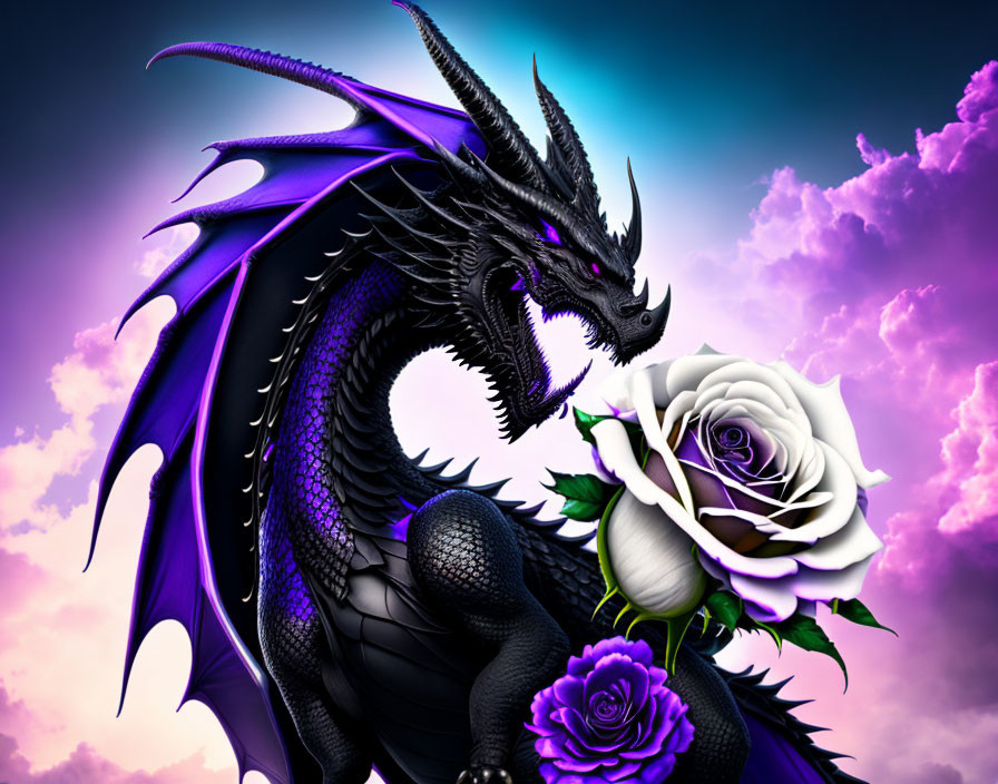 Majestic black and purple dragon with expansive wings and sharp horns holding a white rose against dramatic sky