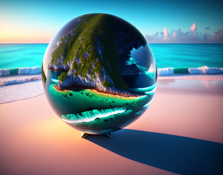 Crystal Globe on Sandy Beach Reflecting Green Landscape, Azure Waters, and Sky