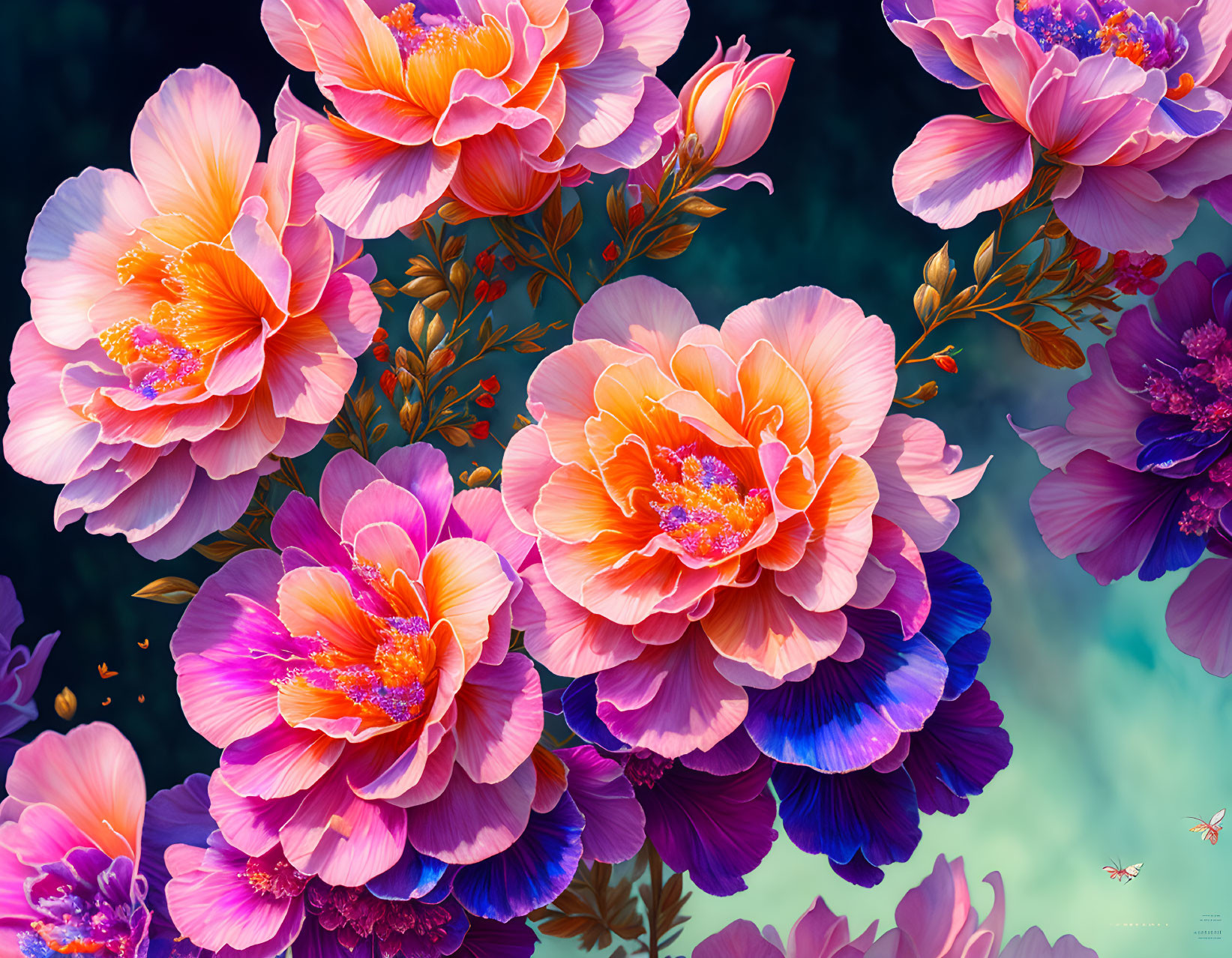 Colorful digital artwork featuring intricate flowers on teal and blue backdrop