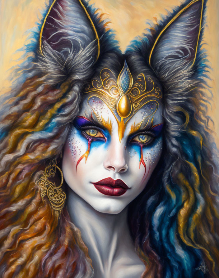 Feline-inspired woman with pointed ears and gold adornments