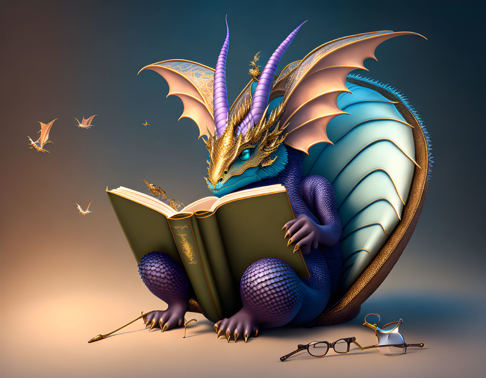 Blue dragon with golden horns reading book surrounded by tiny dragons