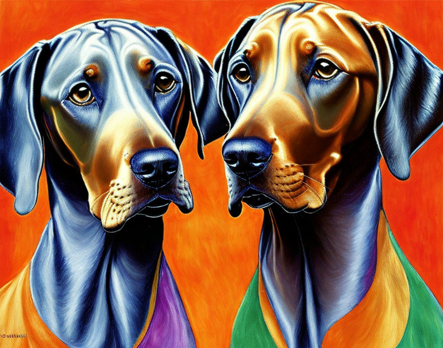 Vibrantly colored stylized paintings of Doberman dogs on orange background