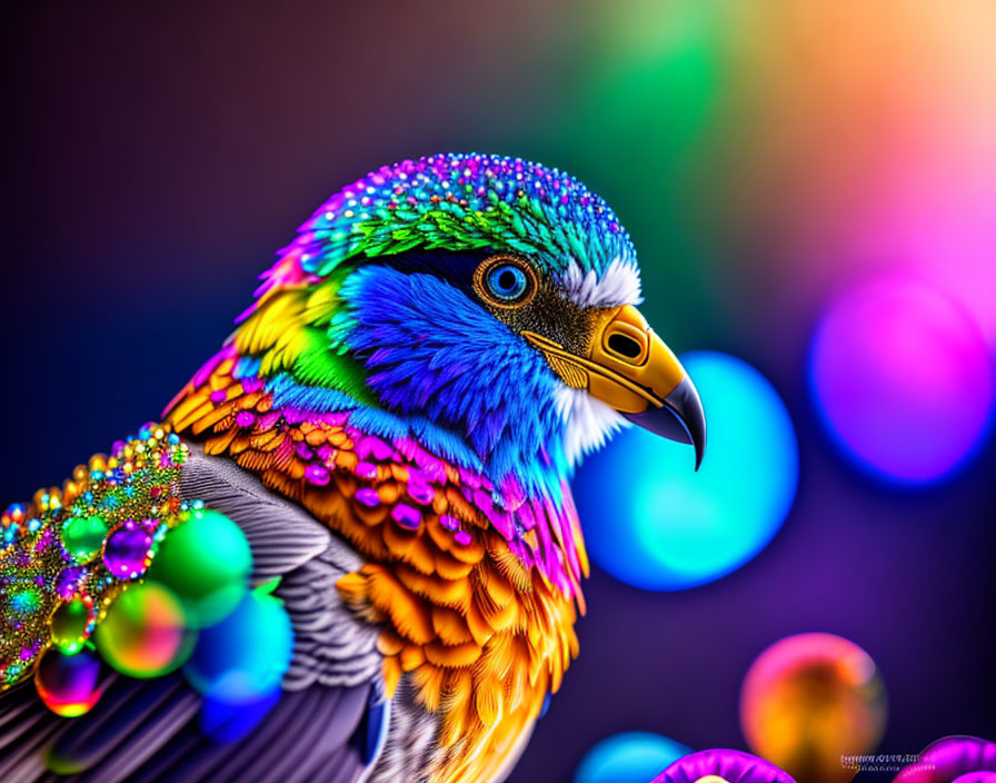 Colorful Bird with Blue, Orange, and Green Feathers on Bokeh Background