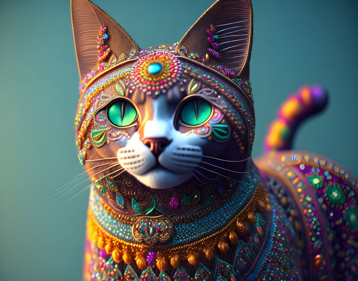 Detailed digital art: Cat with jeweled patterns and green eyes on teal background