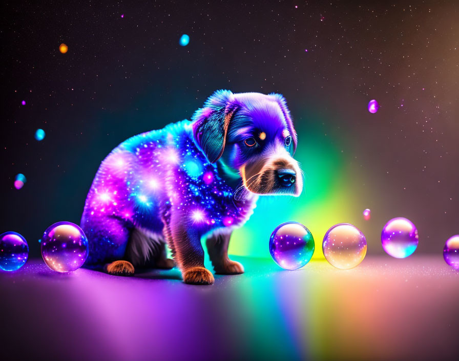 Vibrant neon-lit digital puppy artwork with glowing bubbles on dark starry backdrop