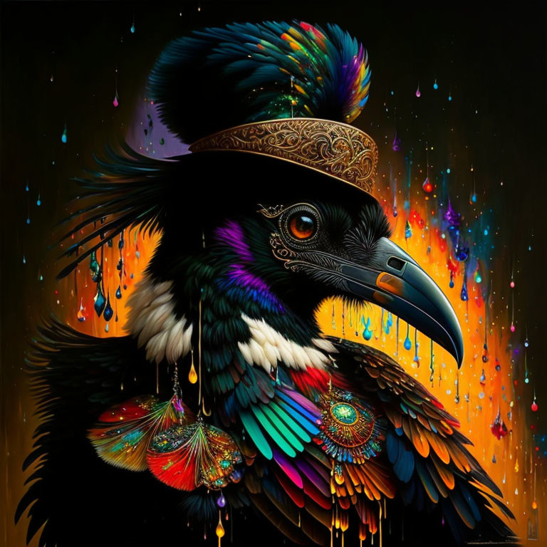 Vibrant crow digital art with colorful feathers and jewelry on dark background