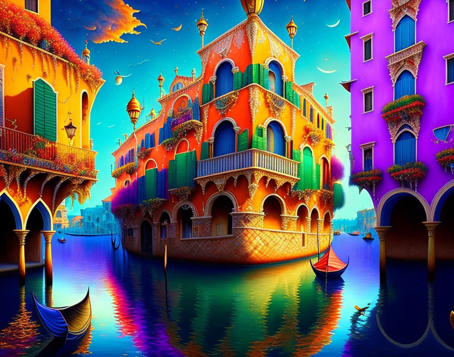 Colorful Venetian Canal Art with Gondolas at Dusk