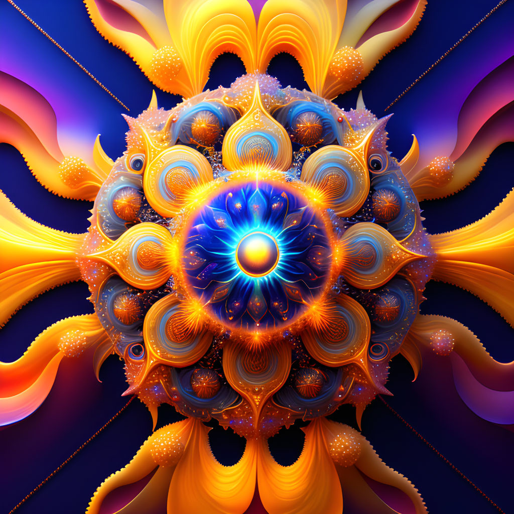 Colorful Fractal Pattern with Spirals and Eye Motifs in Orange and Blue on Purple Background