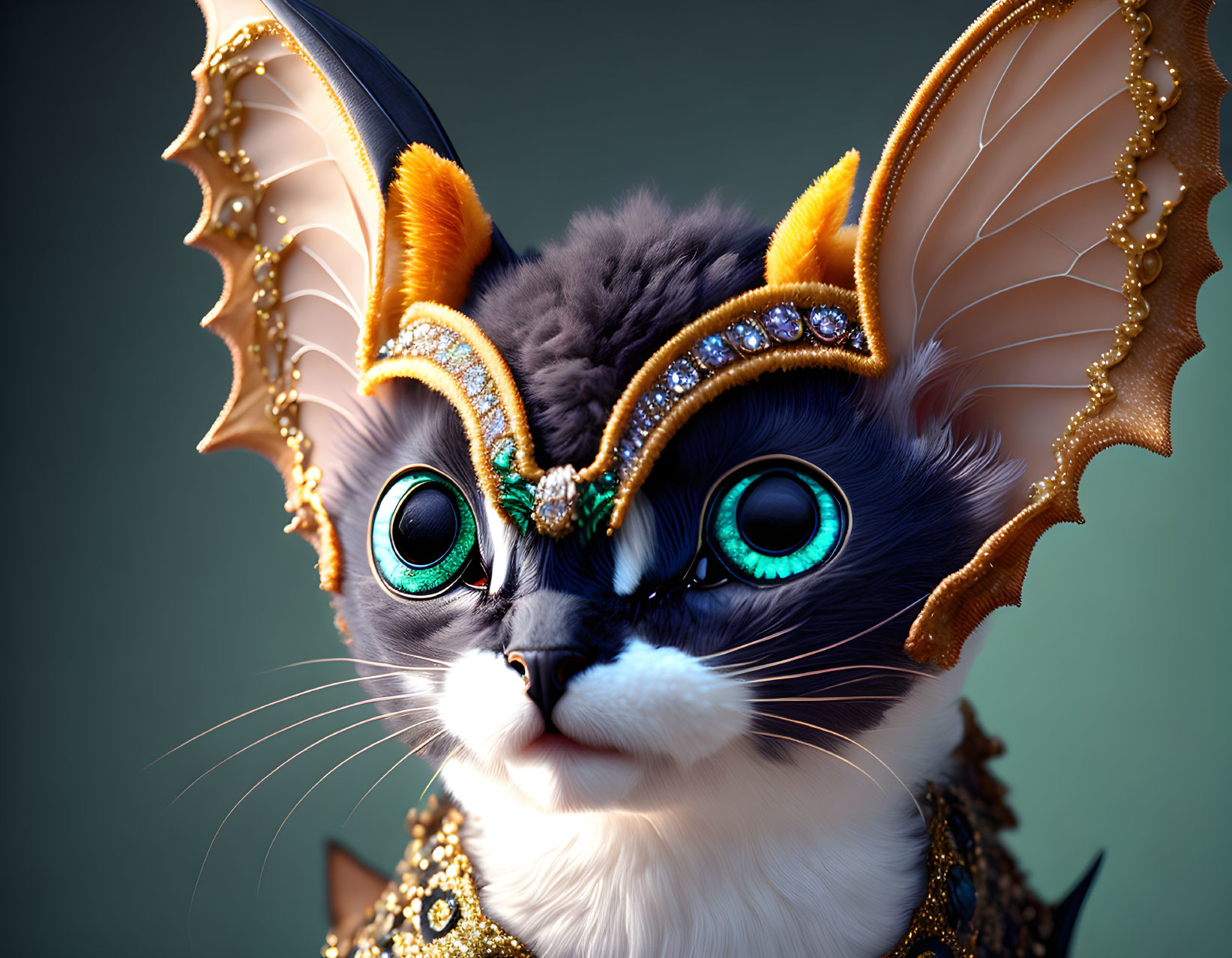 Digital artwork of a cat with blue eyes and a golden crown