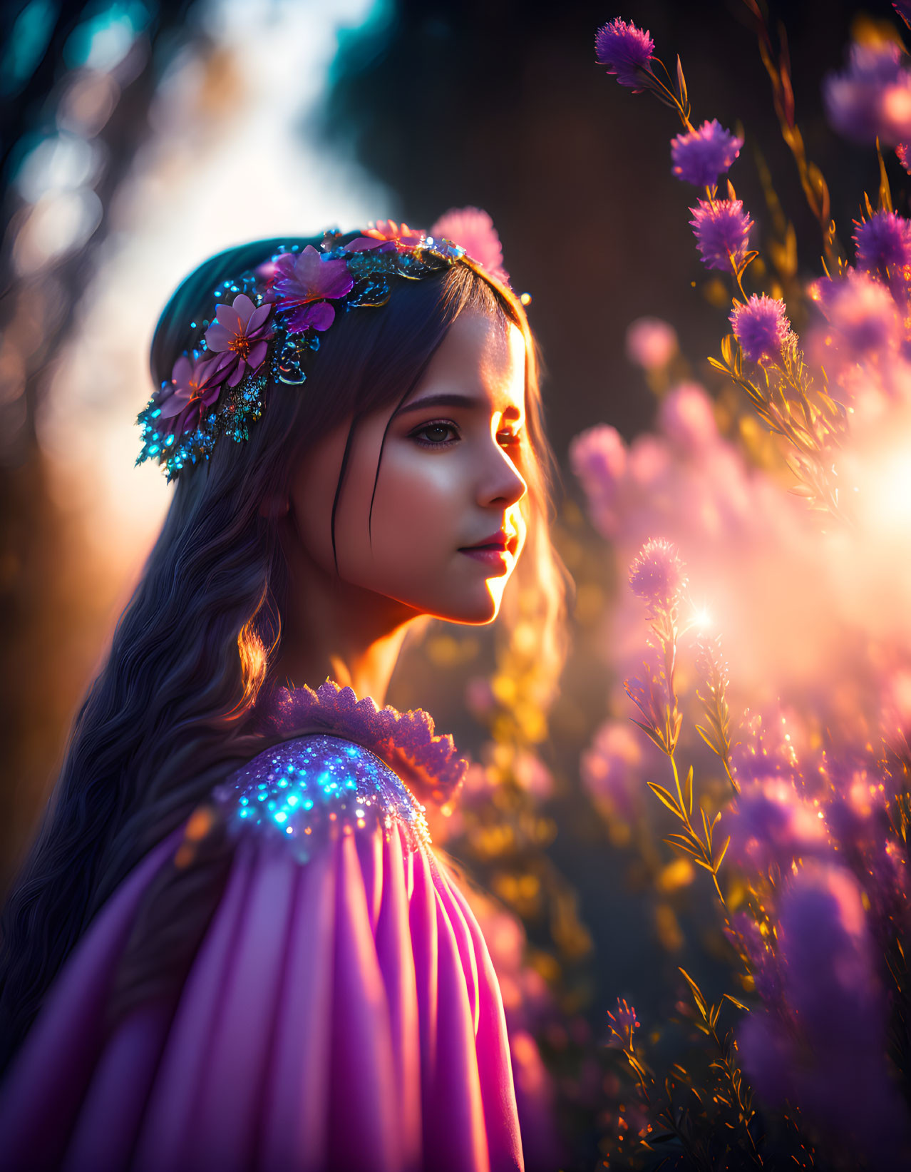 Young woman in pink dress with glowing decorations in twilight forest.