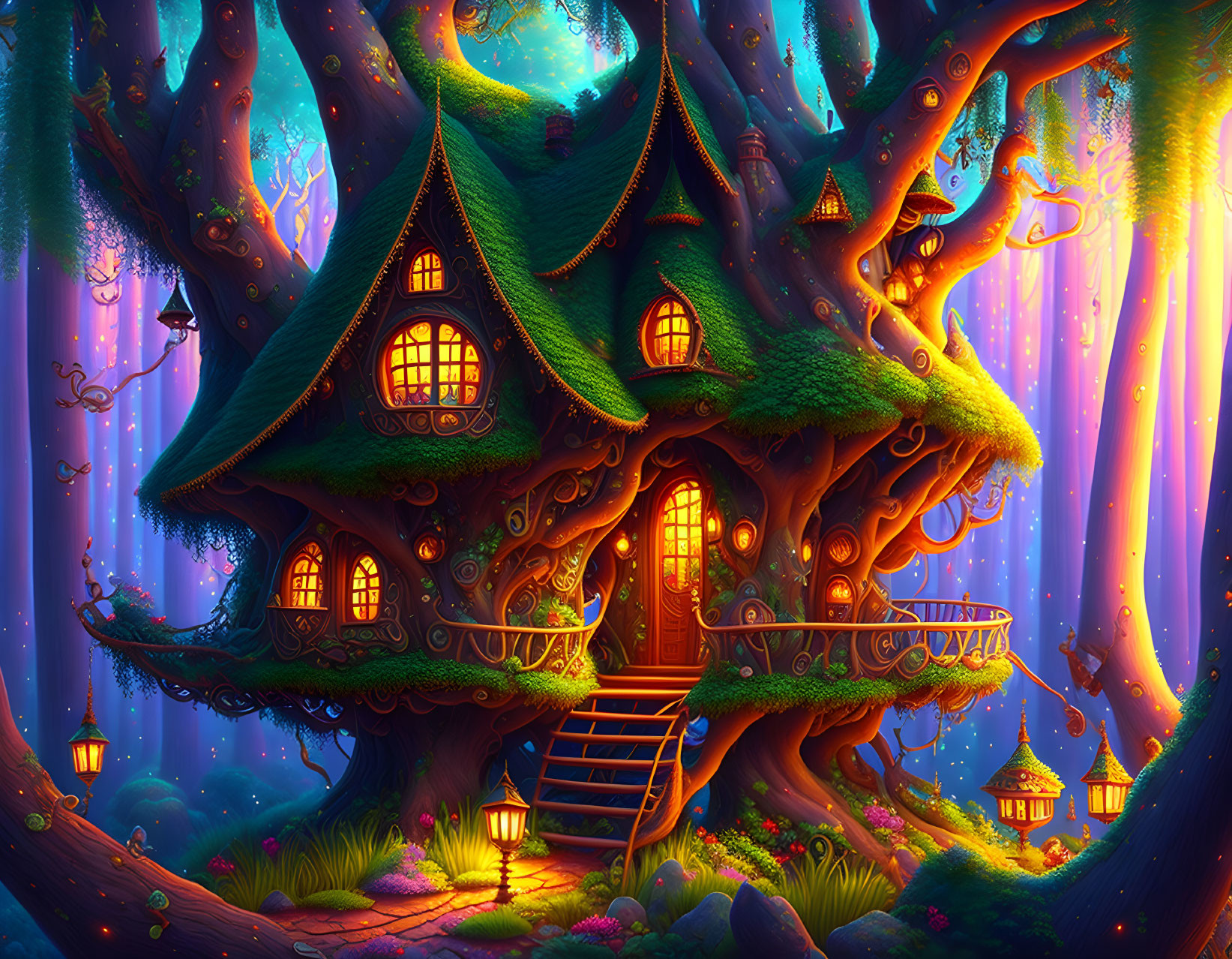 Glowing windows treehouse in magical forest with colorful lighting