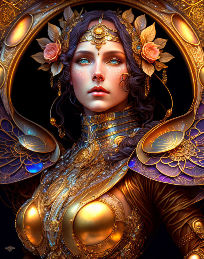 Detailed illustration of woman in ornate golden armor with floral motifs and jewels, surrounded by halo structure