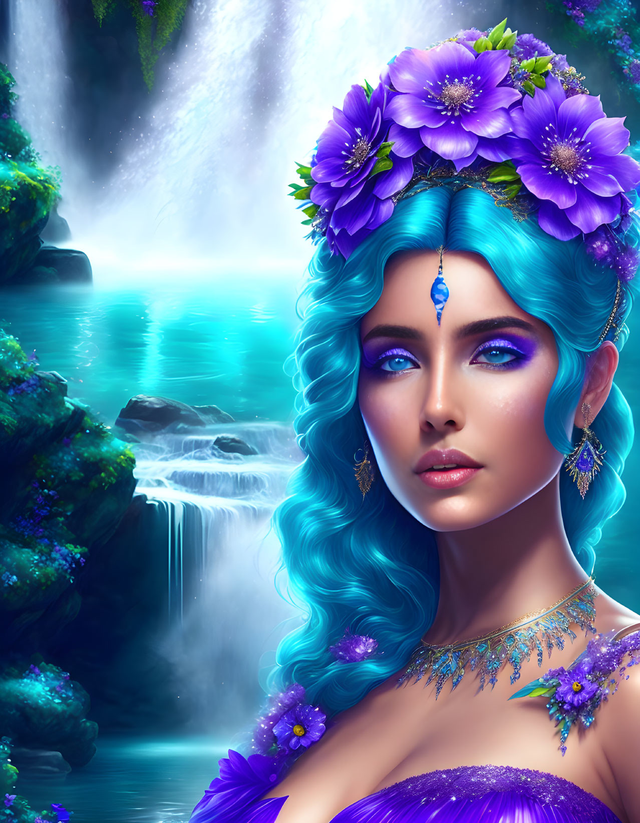 Digital Artwork: Woman with Blue Wavy Hair and Purple Flowers Against Fantasy Waterfall