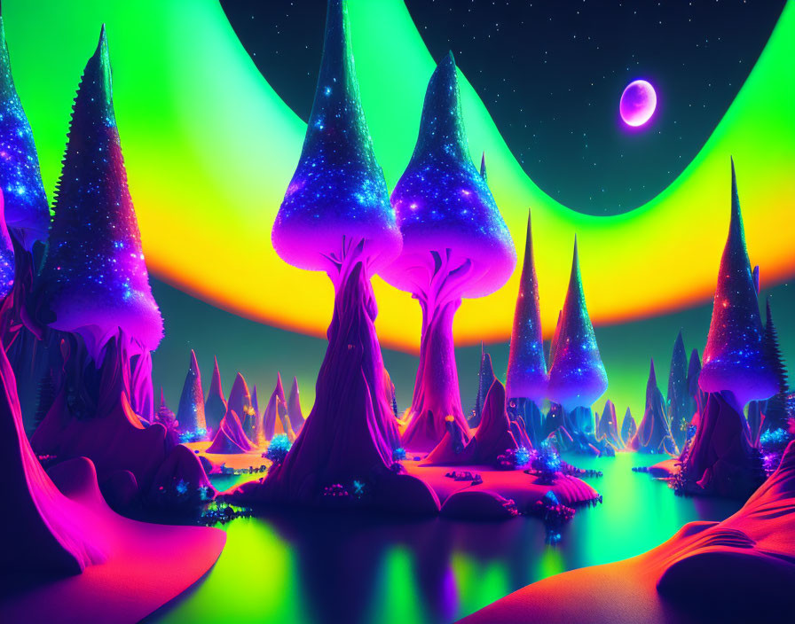 Colorful neon landscape with glowing trees, starry sky, crescent moon, and northern lights