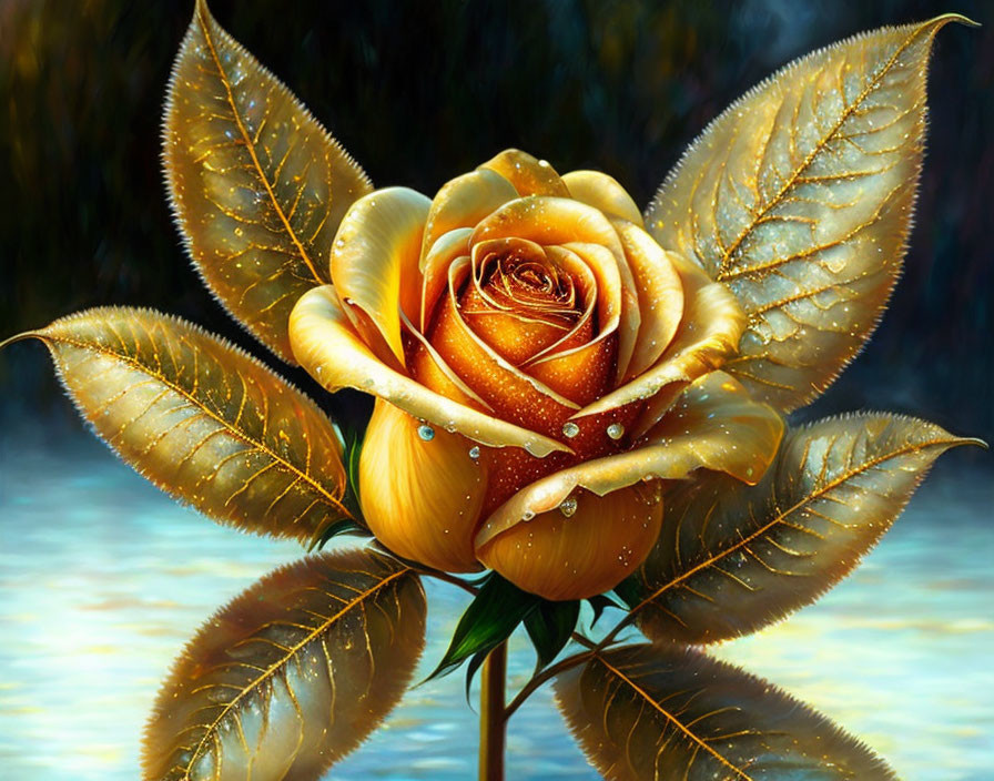 Golden Yellow Rose Digital Painting with Dewdrops and Gold-Tinted Leaves