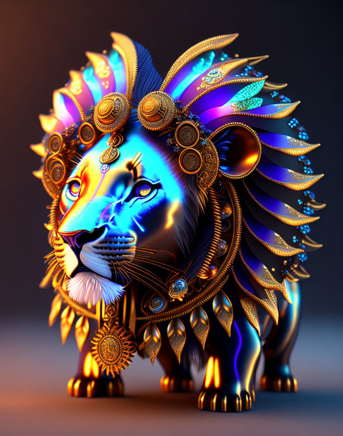 Intricate digital artwork: Mechanical lion with gold and blue designs