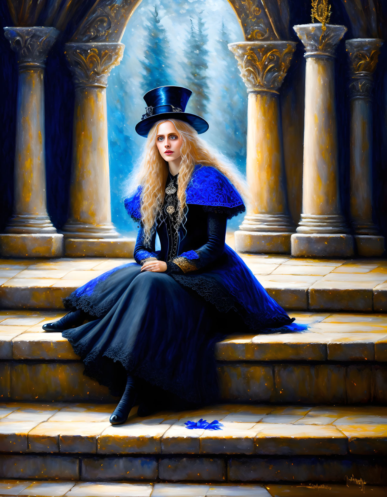 Victorian-era woman in blue cloak and top hat sitting on stone steps with gothic columns.