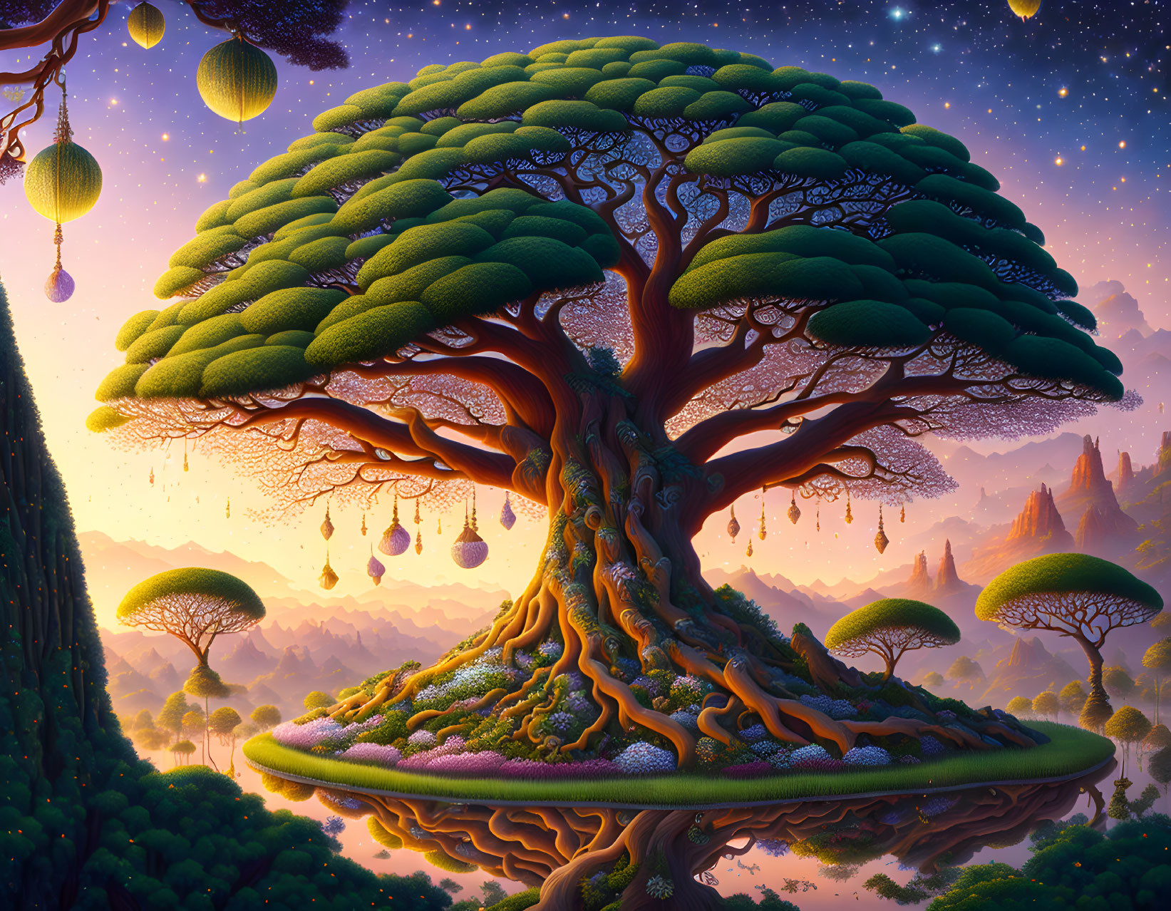 Fantasy landscape with massive tree, lanterns, and starry sky above surreal terrain