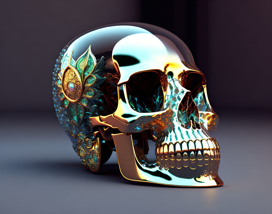 Reflective Gold Skull with Blue Patterns on Dark Background