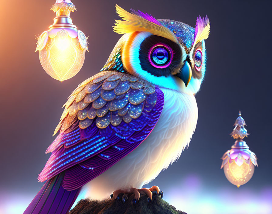 Colorful Owl Artwork with Lanterns Against Dusk Sky