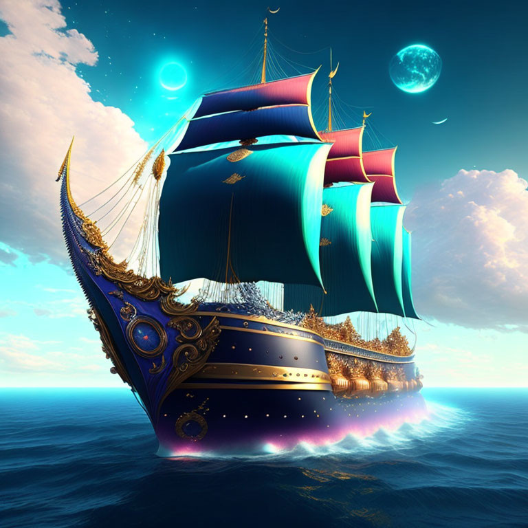 Fantastical ship with vibrant blue sails on ocean under two moons