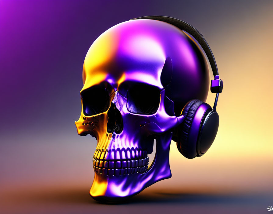 Colorful Skull with Purple and Gold Gradient and Headphones on Blurred Background