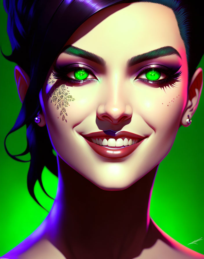 Portrait of a woman with emerald green eyes and dark hair on vibrant green background