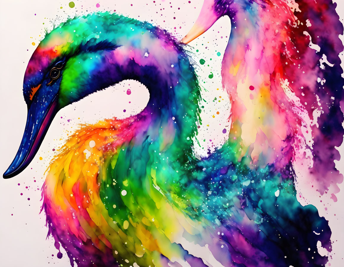 Colorful Watercolor Illustration: Swan with Spectrum of Hues