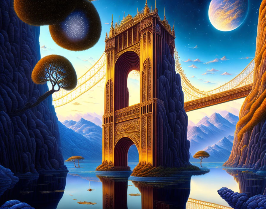 Fantastical landscape with golden bridge, towering cliffs, starry sky, moon, and glowing trees