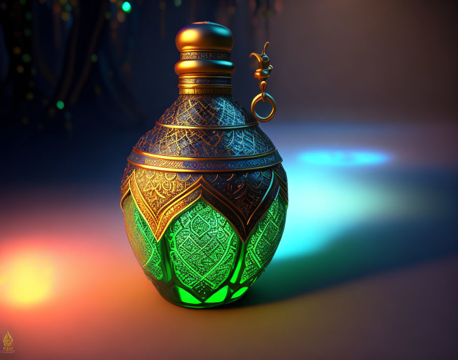 Ornate Metallic Lamp with Glowing Green Light