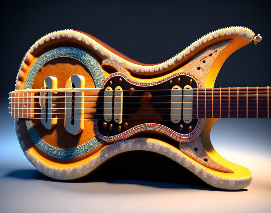 Surreal figure-eight guitar with intricate patterns on gradient background