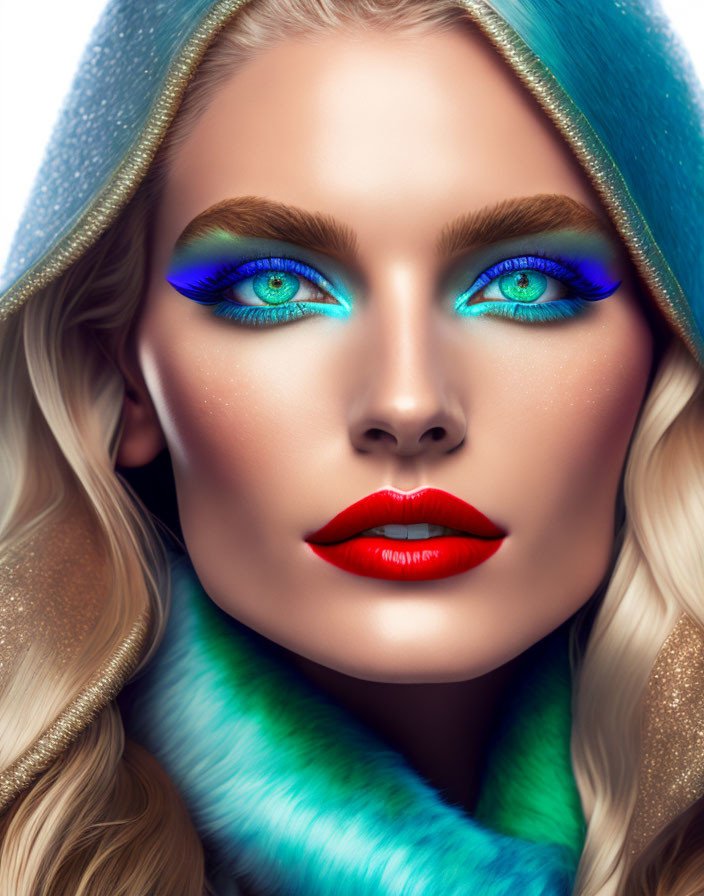 Close-Up Portrait of Woman with Blue Eye Makeup, Red Lips, and Colorful Faux Fur Hood