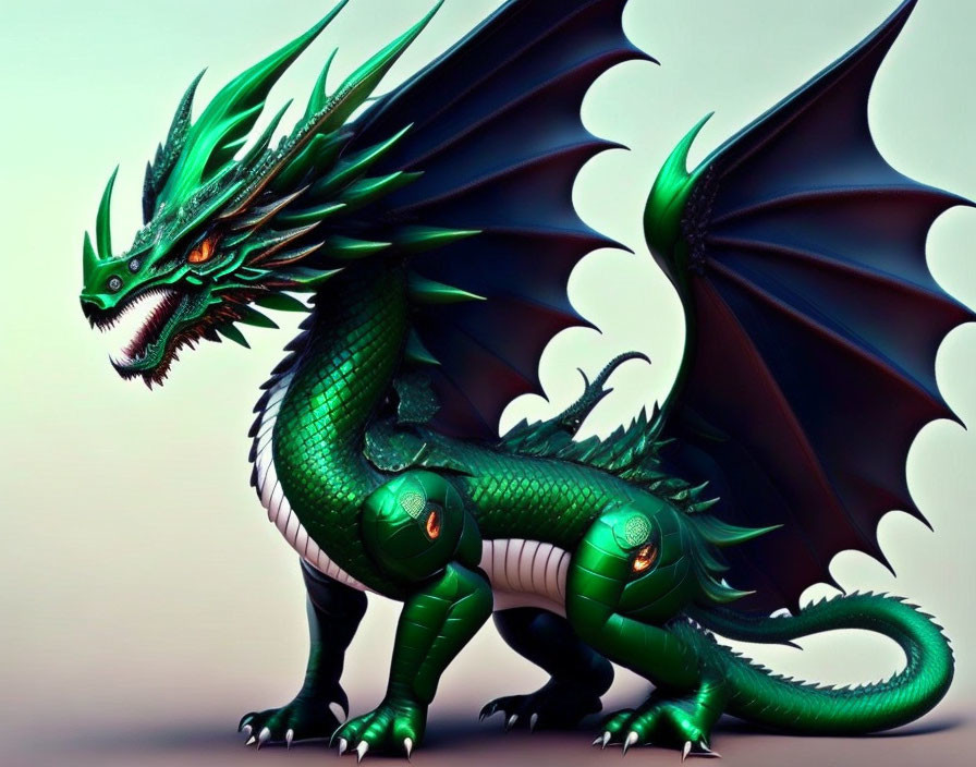 Detailed Green Dragon with Black Wings and Red Glowing Eyes