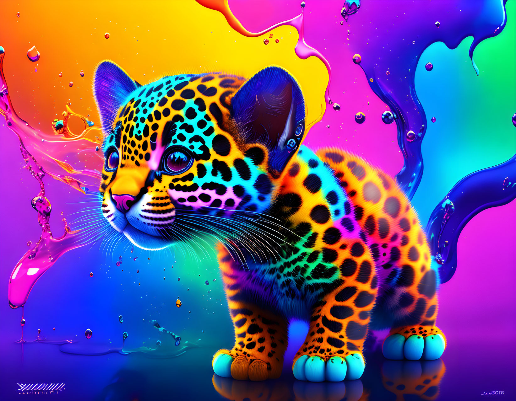 Colorful Leopard Cub Artwork with Swirling Rainbow Background