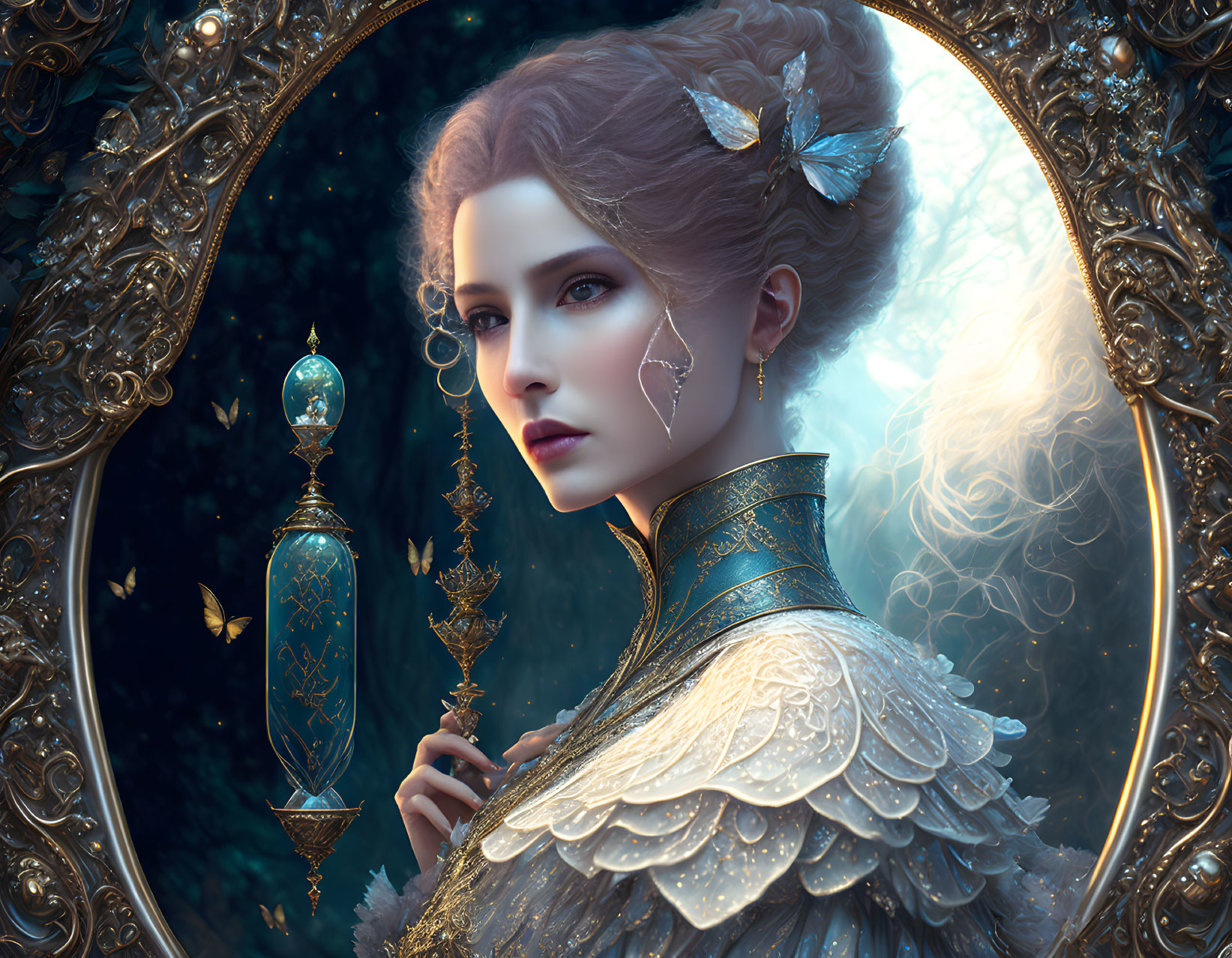 Ornately dressed woman with golden attire and scepter in front of starry mirror