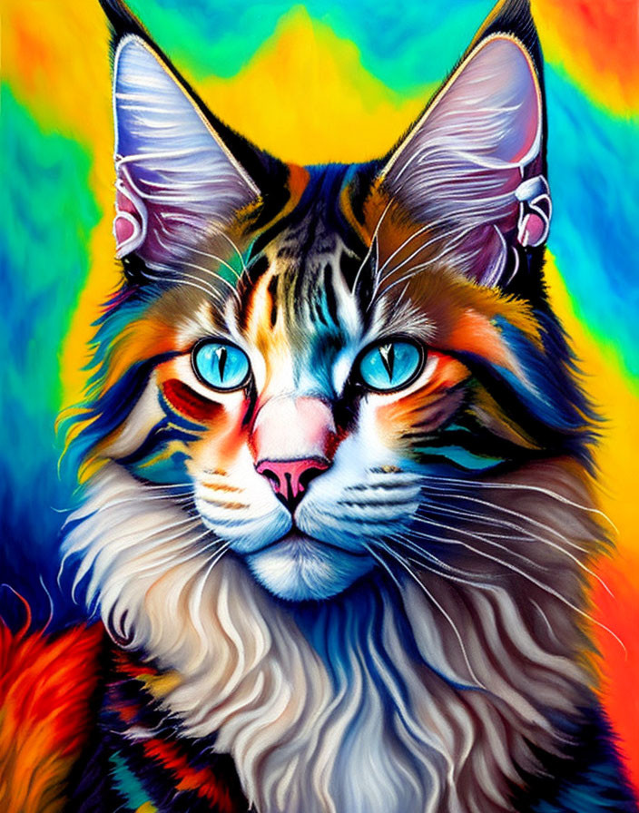 Colorful Cat Portrait with Striking Blue Eyes