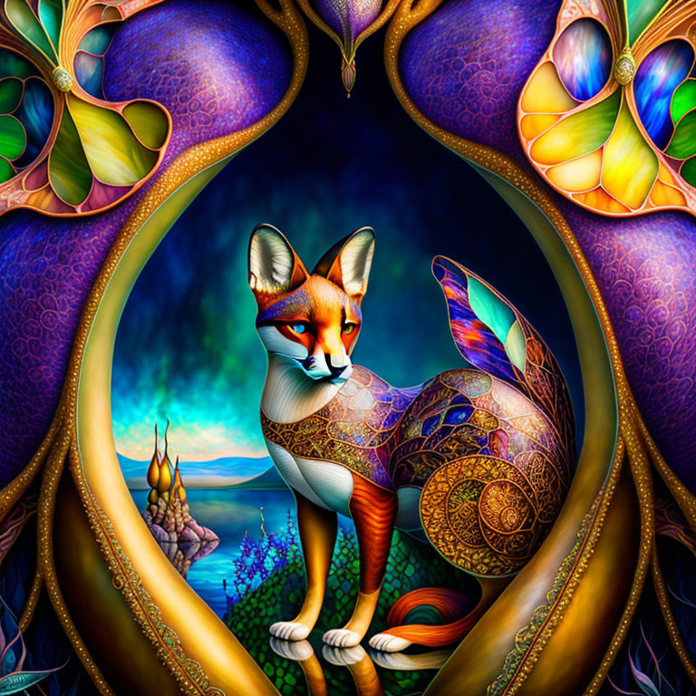 Colorful Fox Illustration with Intricate Patterns and Surreal Background