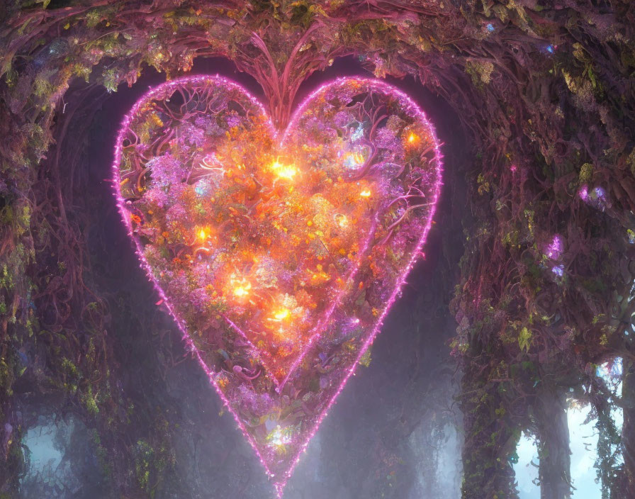 Vibrant heart-shaped plant arrangement in foggy forest