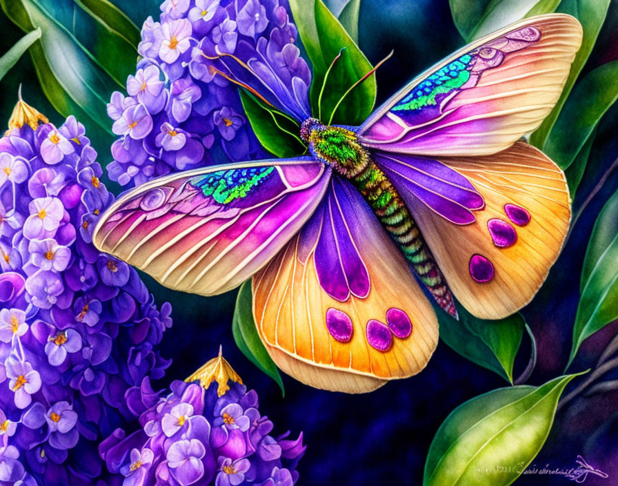 Colorful butterfly illustration on purple lilac flowers and green foliage