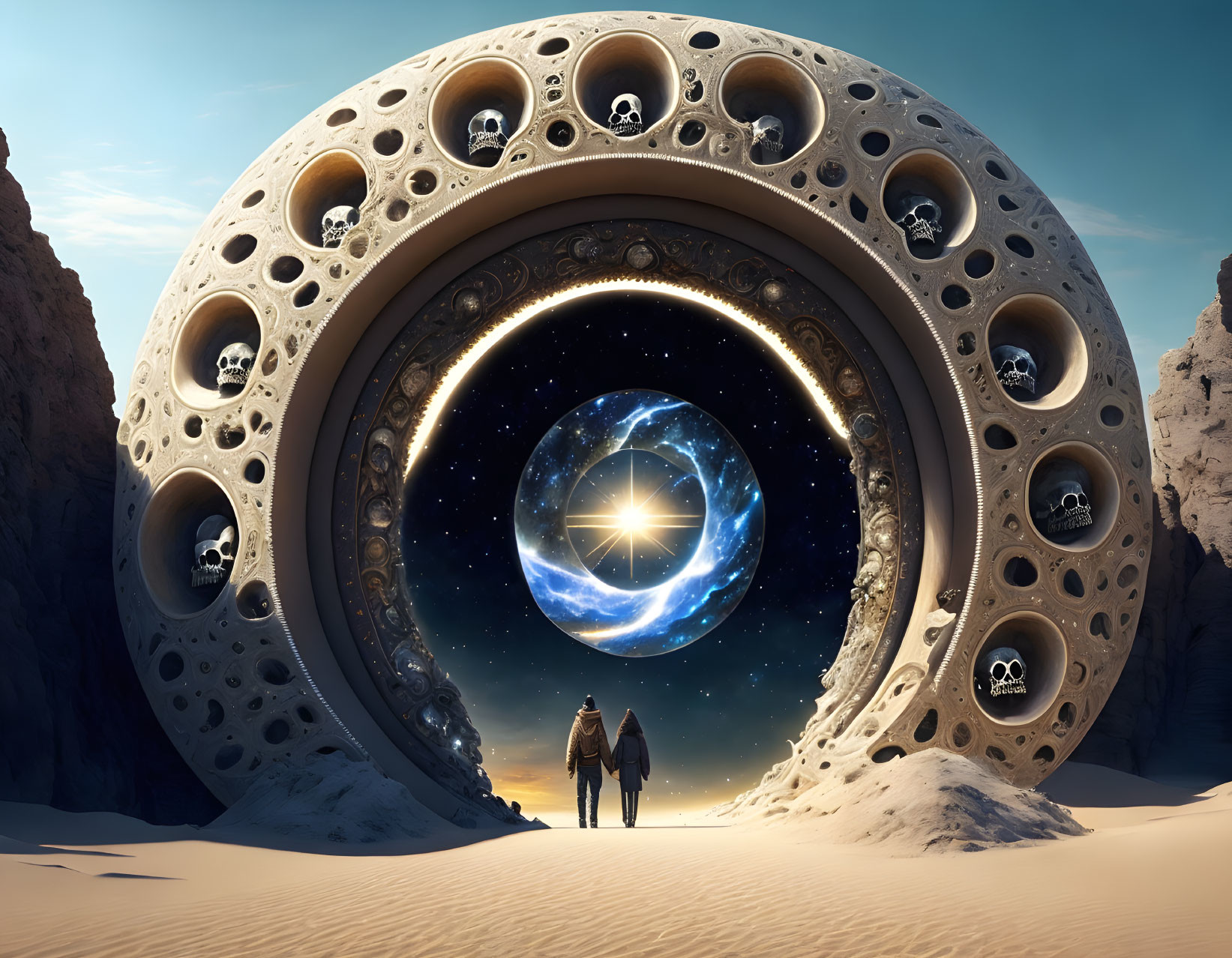 Two individuals at grand circular gateway with cosmic backdrop.