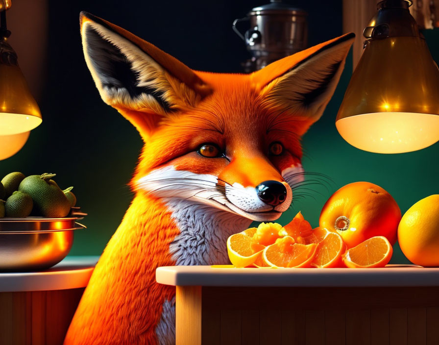 Illustration of contemplative fox at bar with oranges in cozy setting