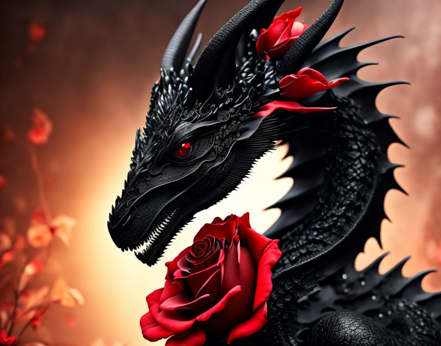 Detailed Fantasy Illustration: Black Dragon with Red Eyes in Red Roses, Warm Blurred Background