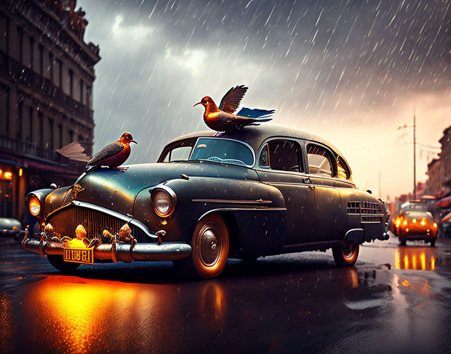 Vintage Car on Rain-Soaked Street with Birds in Dusky Sky