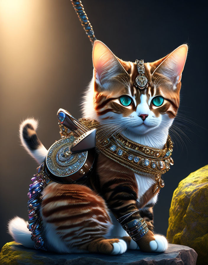 Fantasy armor-clad cat digital artwork with shimmering jewels on dark background