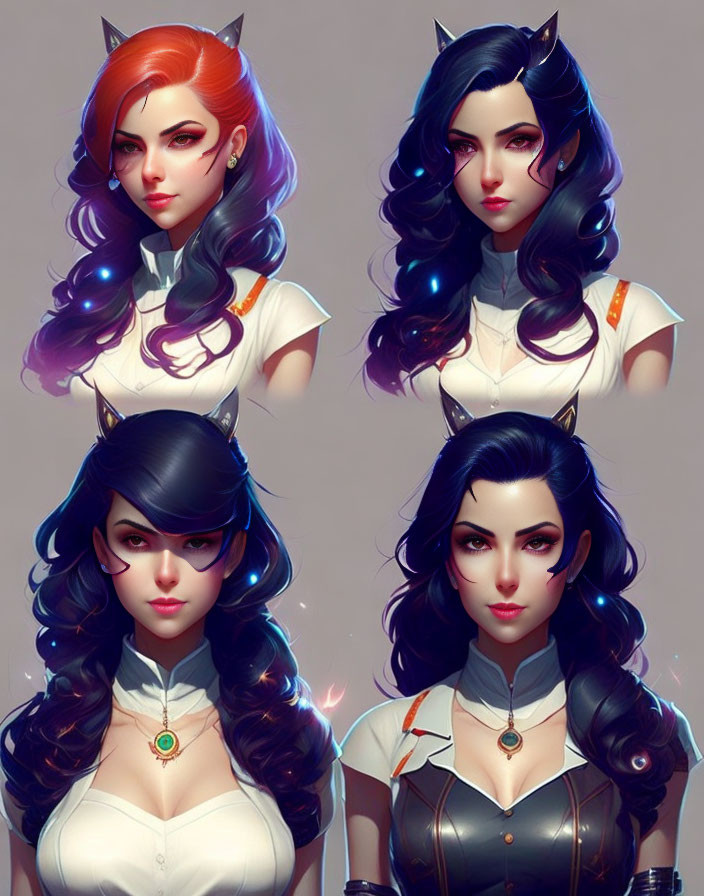 Stylized portraits of female character with cat ears in black and white outfits