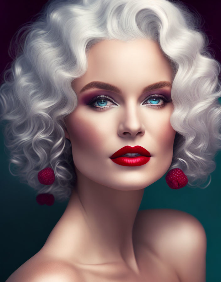 Portrait of Woman with White Curly Hair and Blue Eyes on Teal Background