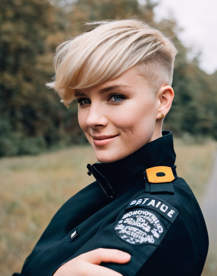 Blonde woman with undercut hairstyle and black jacket smiling outdoors