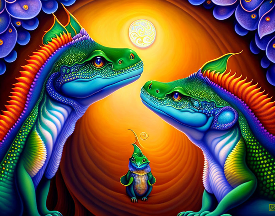 Colorful Fantastical Lizards Painting on Psychedelic Background